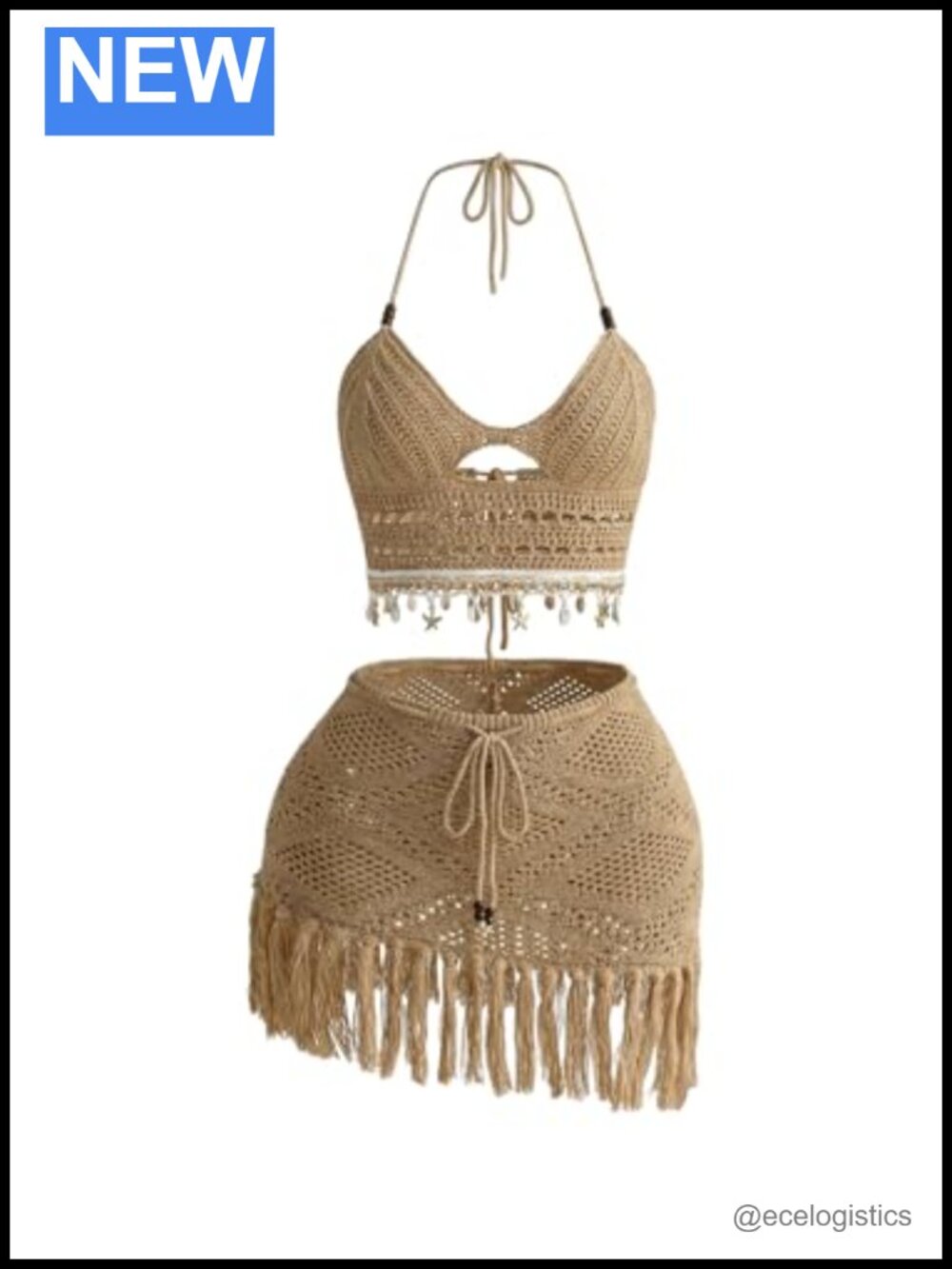 Women's 2 Piece Skirt Set Fringe Cowgirl Outfit Halter Crop Top Knit